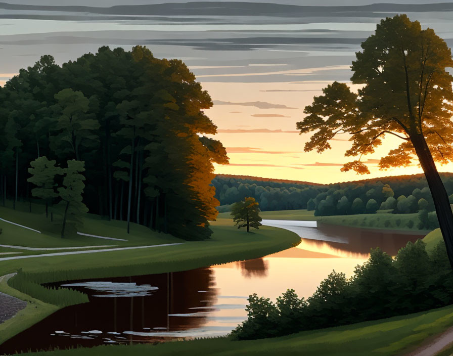 Tranquil Dusk Landscape: River, Trees, Winding Path