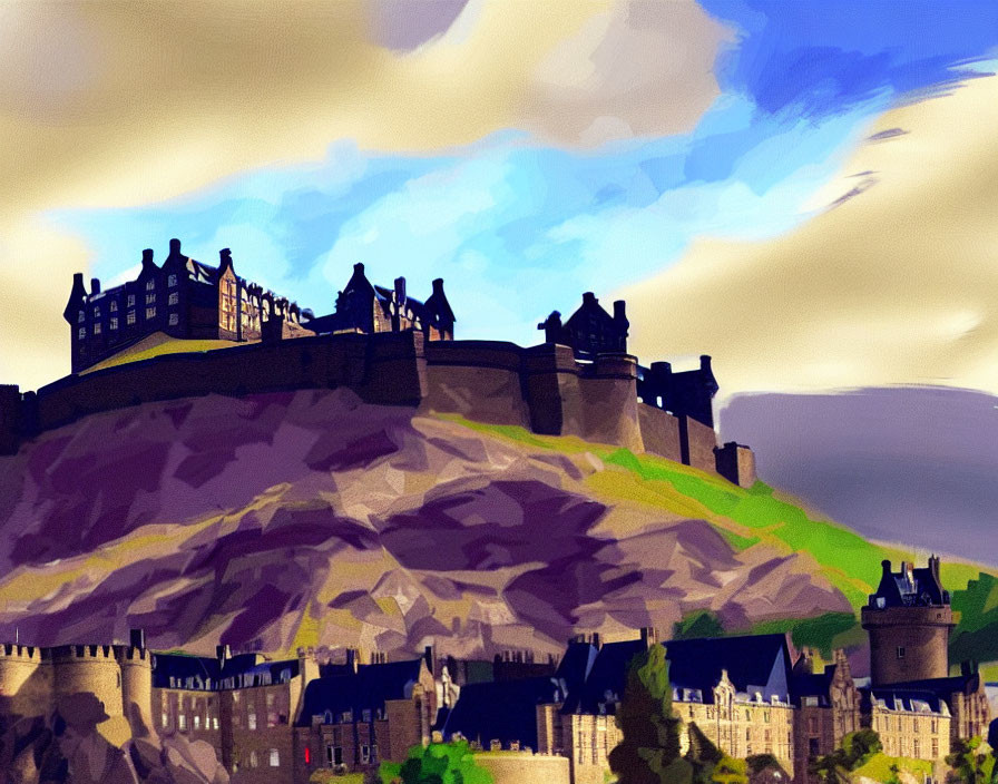 Stylized illustration of Edinburgh Castle on rocky hill with historic buildings under dramatic sky