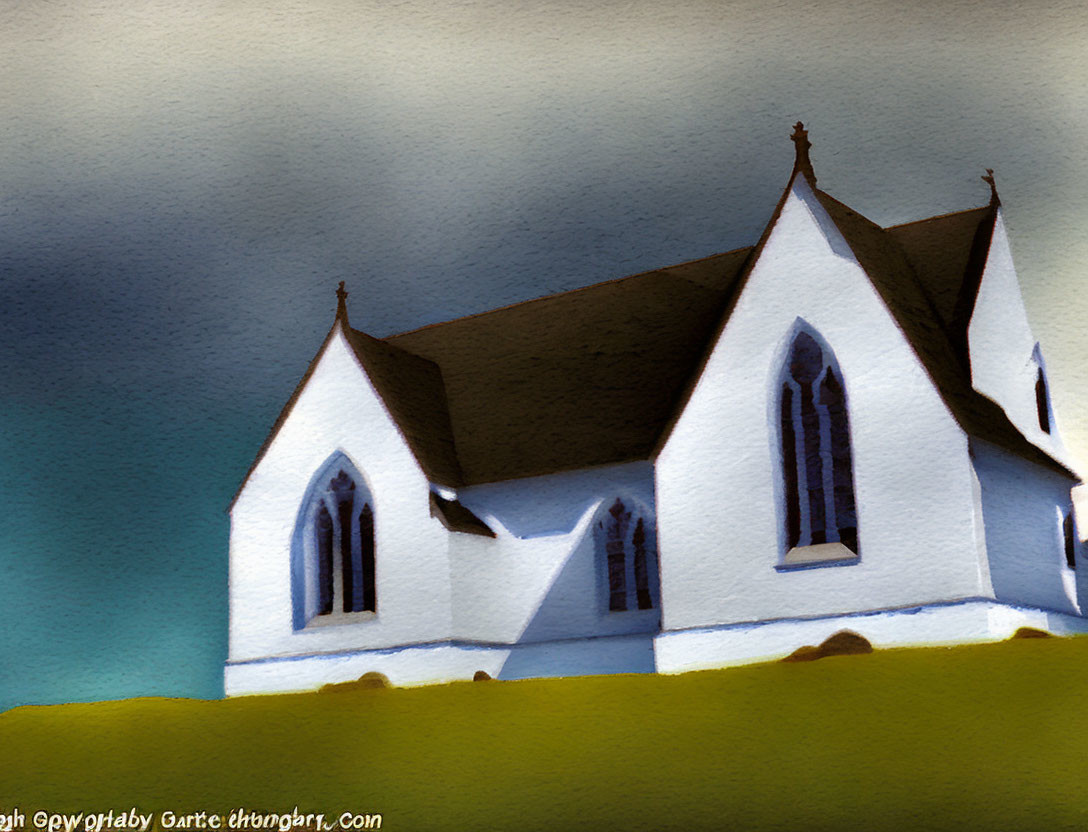 White Church with Pointed Arch Windows Against Darkening Sky: Textured Brushstroke Painting