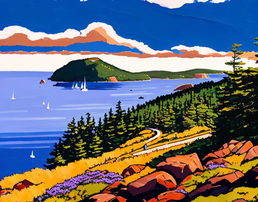 Vibrant coastal landscape with sailing boats, winding road, trees, and distant islands