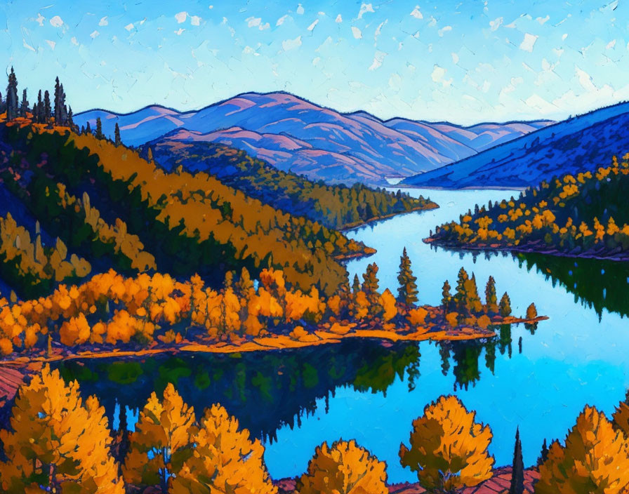 Impressionistic autumn landscape with river and colorful hills