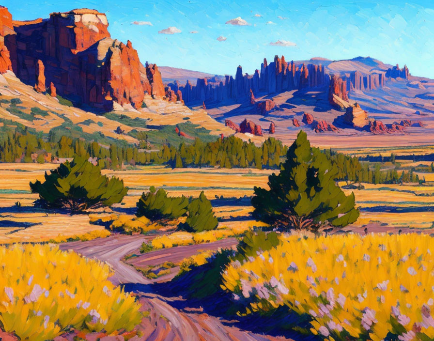 Colorful landscape painting with dirt road, wildflowers, trees, and rock formations