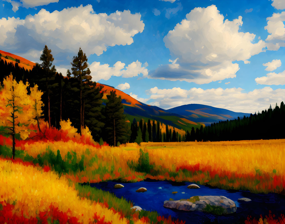 Scenic autumn landscape with blue river and fiery foliage