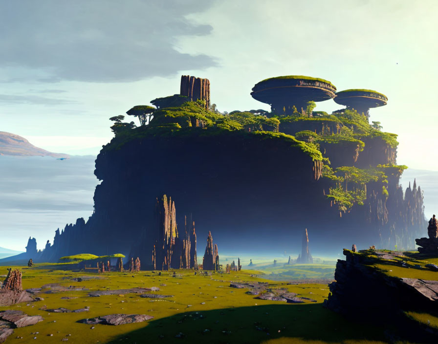 Unique flat-topped rock formations on verdant floating island