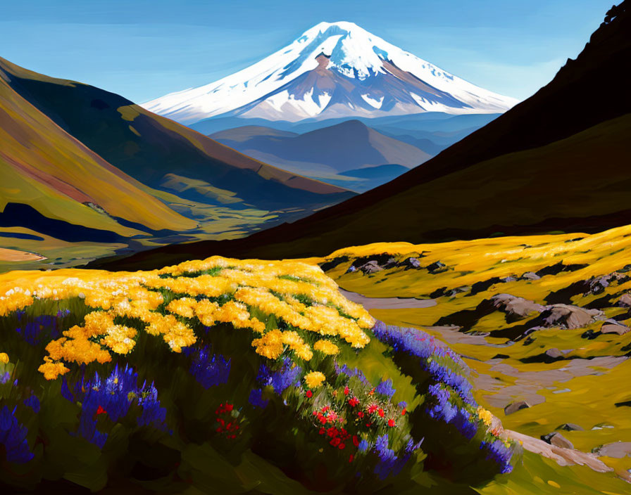 Colorful Wildflowers and Snow-Capped Mountain Painting