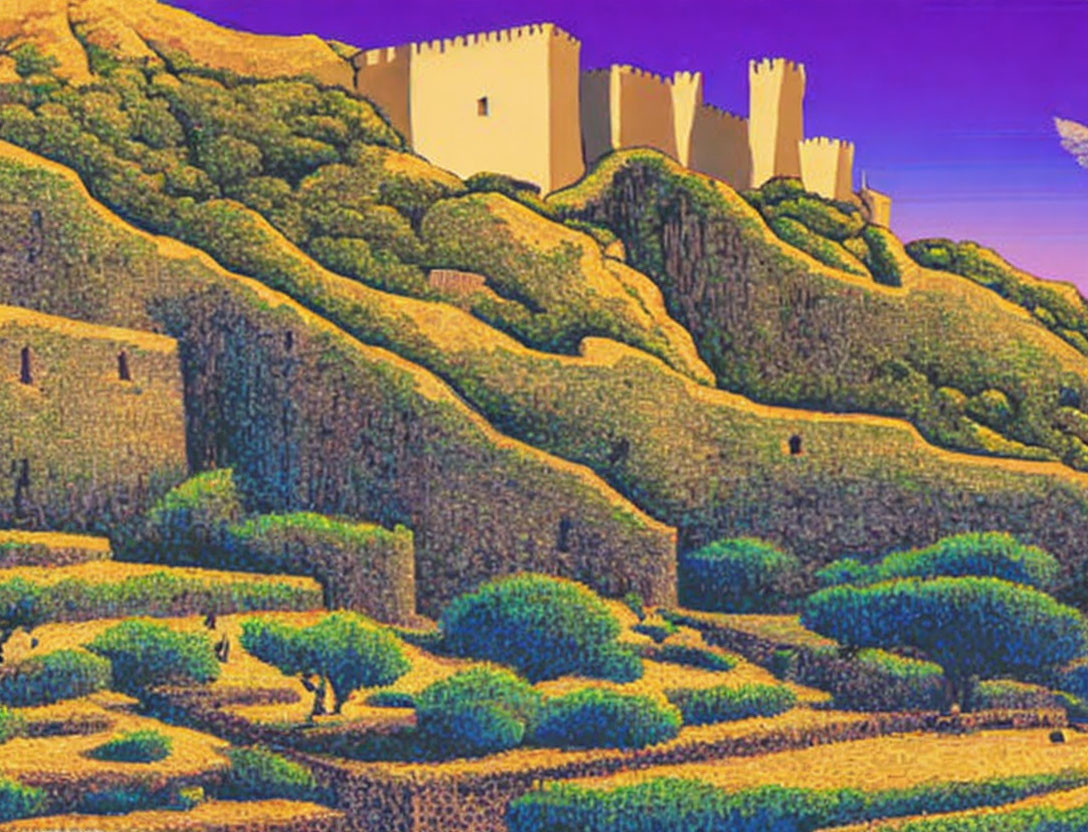 Colorful digital illustration of castle on lush hills under purple sky