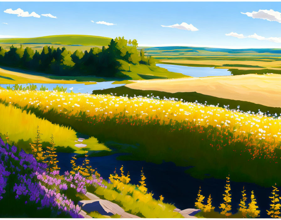 Scenic landscape with yellow and purple wildflowers, green hills, river, blue sky