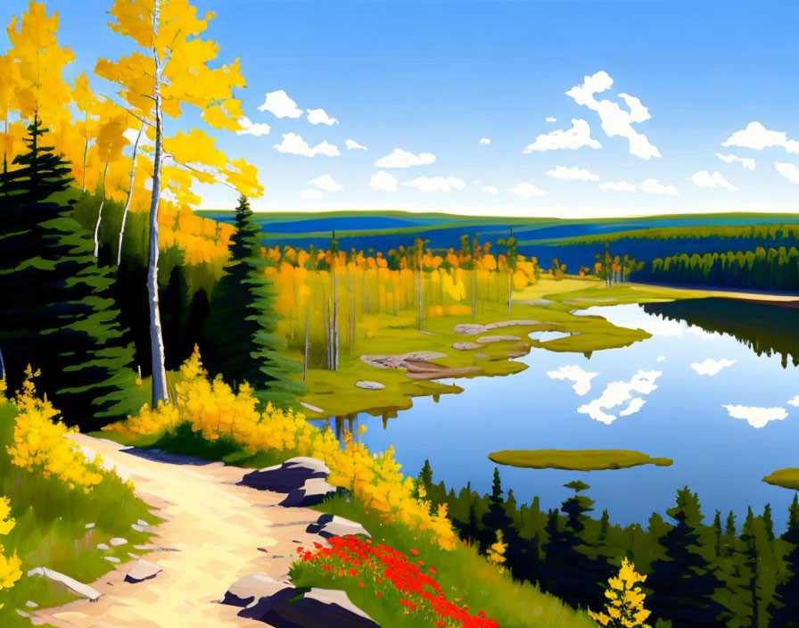 Scenic landscape painting: path, lake, trees, foliage, sky, clouds