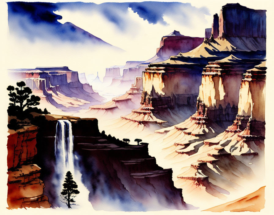 Scenic watercolor painting of canyon with waterfall and trees