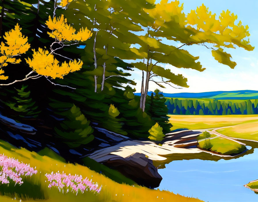 Sunlit Landscape Painting with Pine Trees, Blue Sky, Road, and Lake