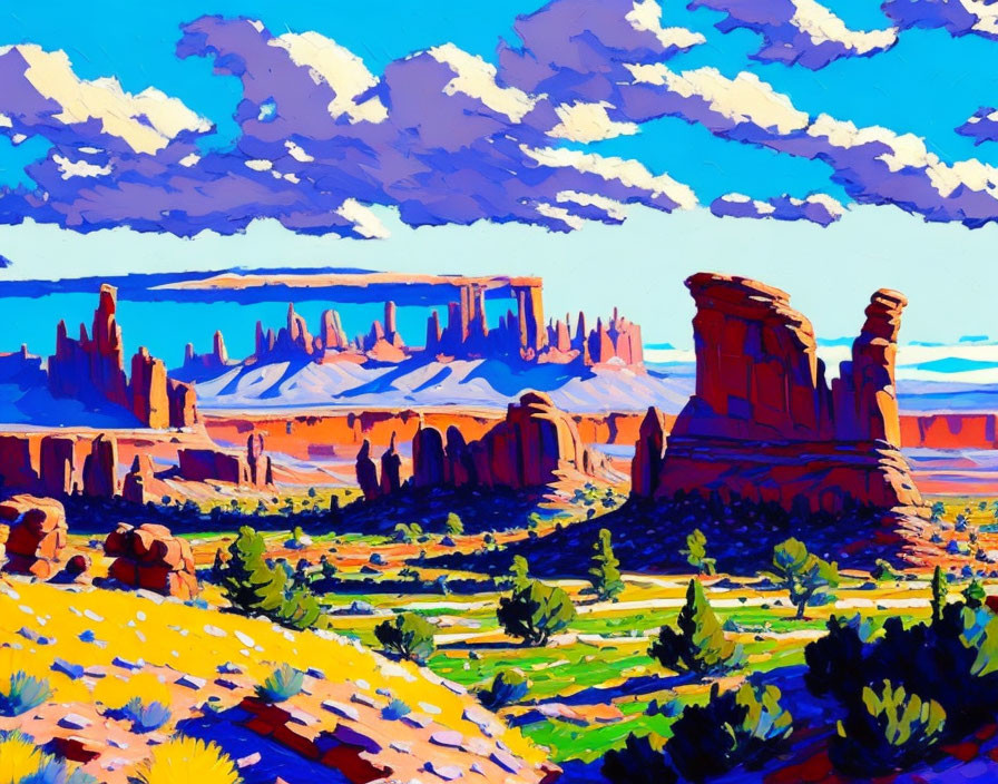 Colorful desert landscape painting with towering rock formations under a blue sky.