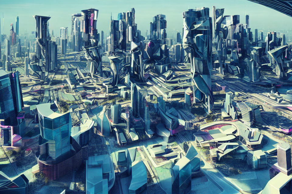 Futuristic cityscape with towering skyscrapers and interwoven roadways