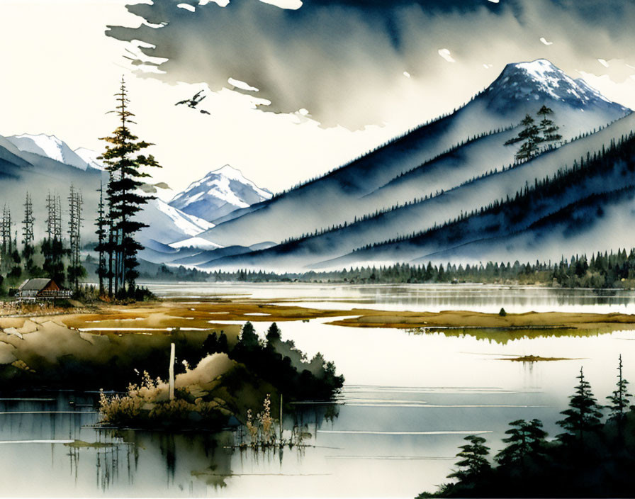 Mountainous Landscape Watercolor Painting with Lake, Trees, Cabin, and Mist