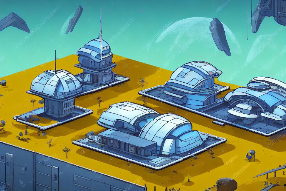 Futuristic colony with dome structures on alien planet and advanced vehicles under unique sky