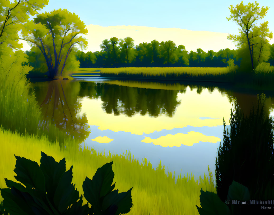 Tranquil landscape painting of serene lake and lush green scenery