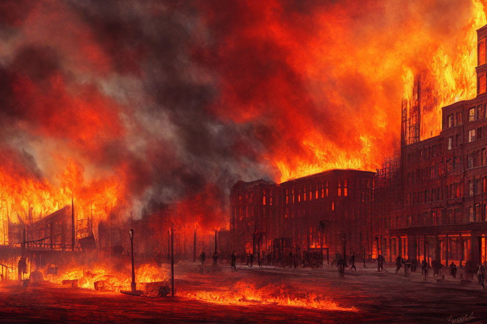 Urban fire scene: dramatic night view with buildings ablaze and silhouettes in fiery glow