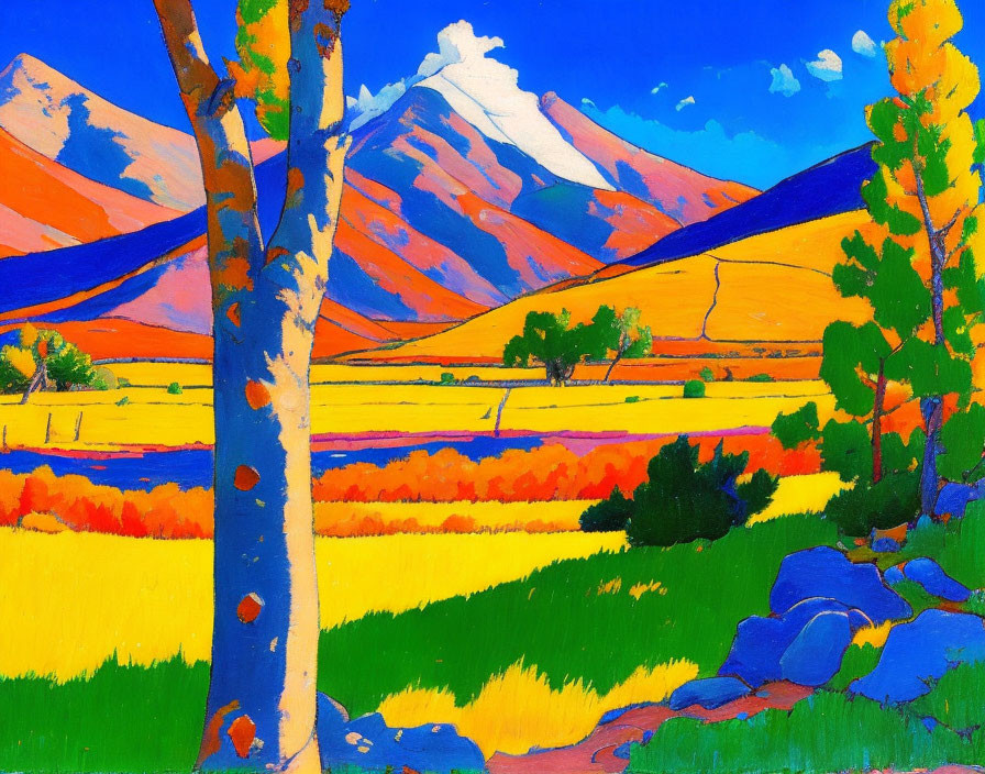 Colorful Field Painting: Yellow and Orange Tones, Blue Sky, Mountains, Trees