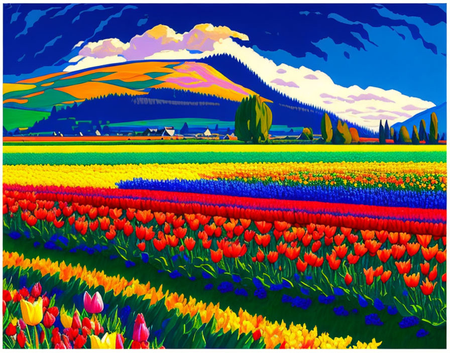 Colorful tulip fields, farm scene, and mountains under blue sky.
