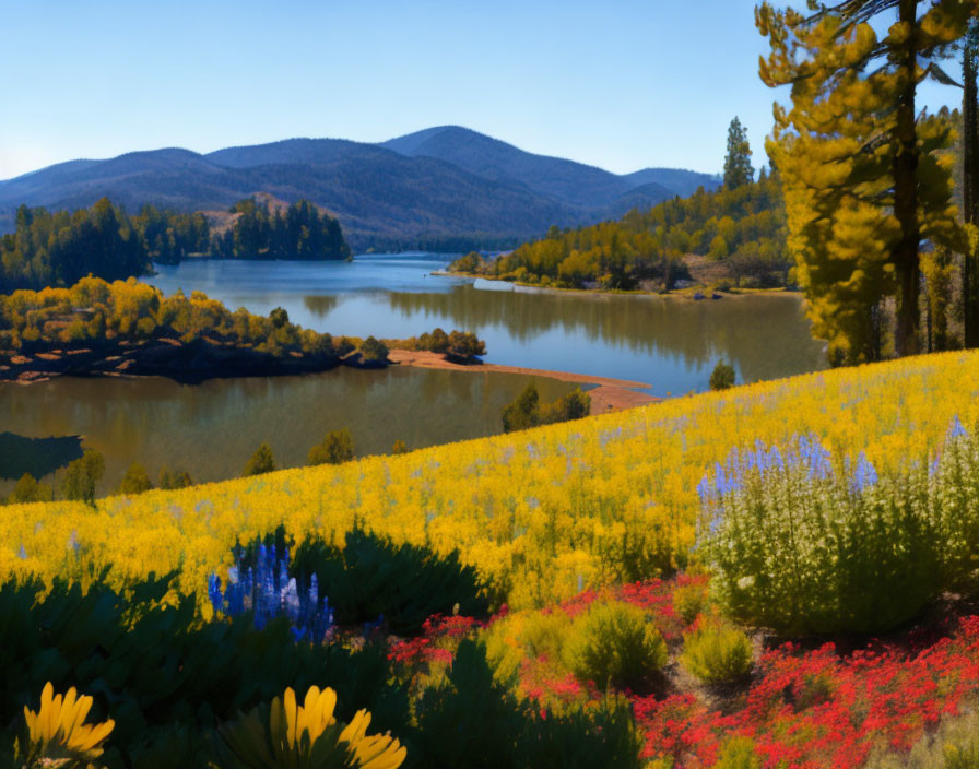 Serene lake with mountains, wildflowers, and blue sky