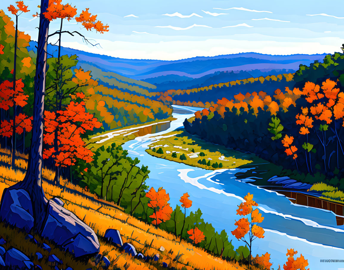 Colorful autumn landscape with river in digital art