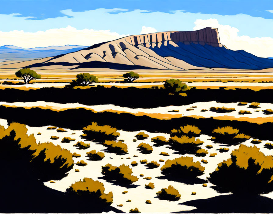 Desert landscape painting with mesa, yellow grass, trees, and blue sky