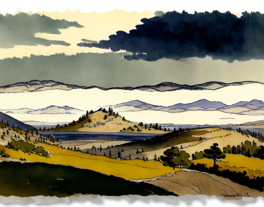 Tranquil landscape with rolling hills and serene lake in watercolor