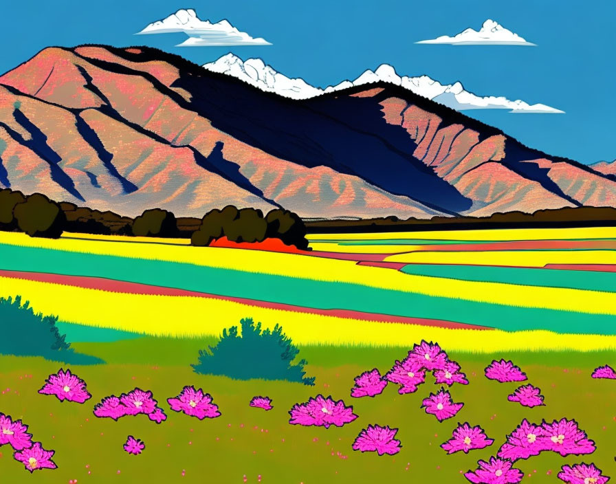 Vibrant landscape with colorful fields and mountains