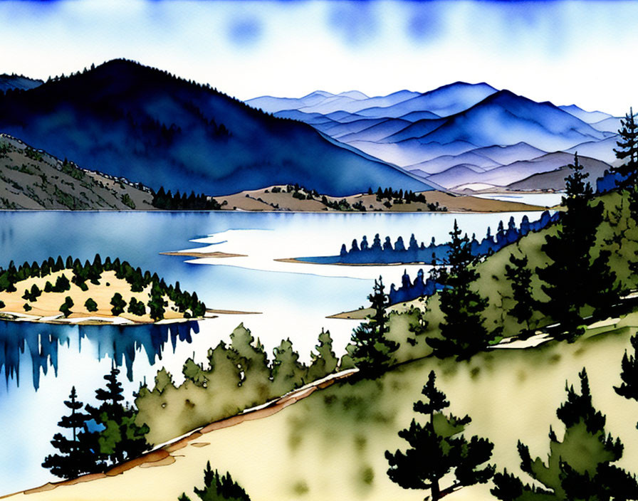 Scenic Watercolor: Serene Lake, Evergreen Trees, Mountains
