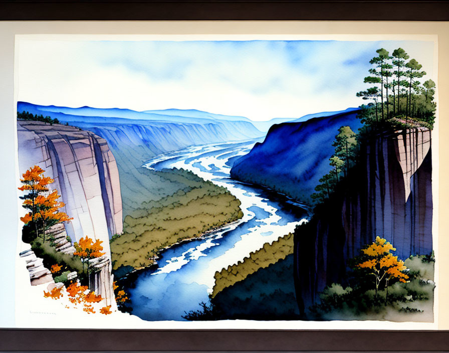 Colorful Watercolor Painting: River in Canyon with Autumn Trees