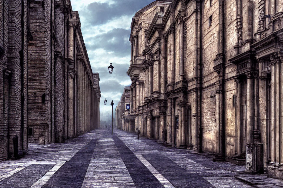 Desolate cobblestone street with old buildings and a street lamp under dramatic sky