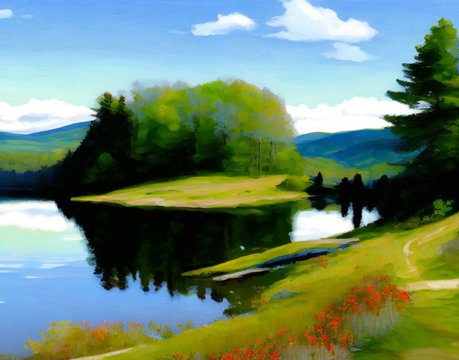 Tranquil lakeside painting with lush green trees and red flowers