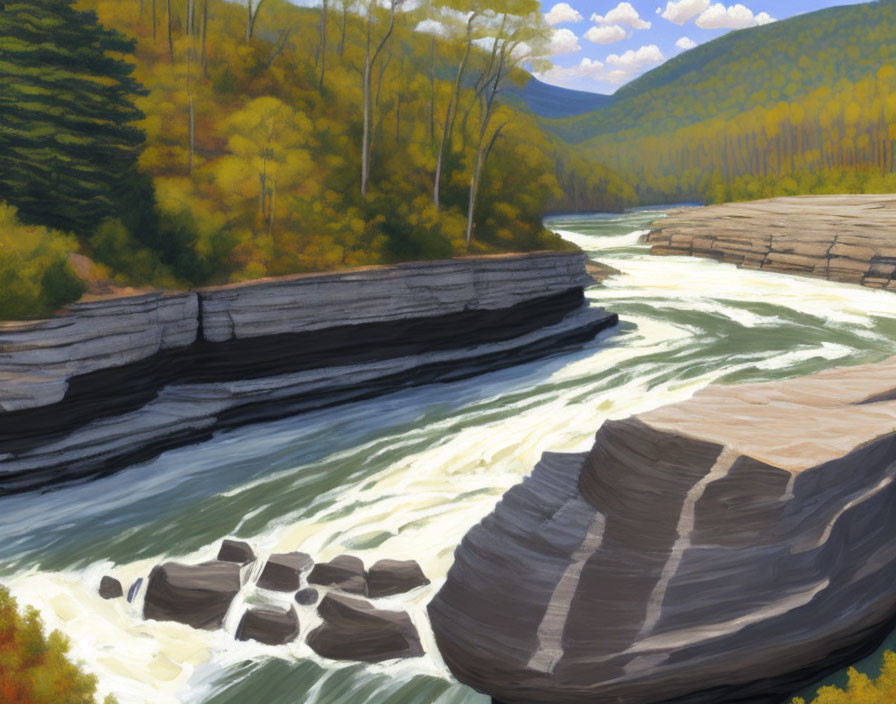 River landscape painting with strong currents and layered rock formations.