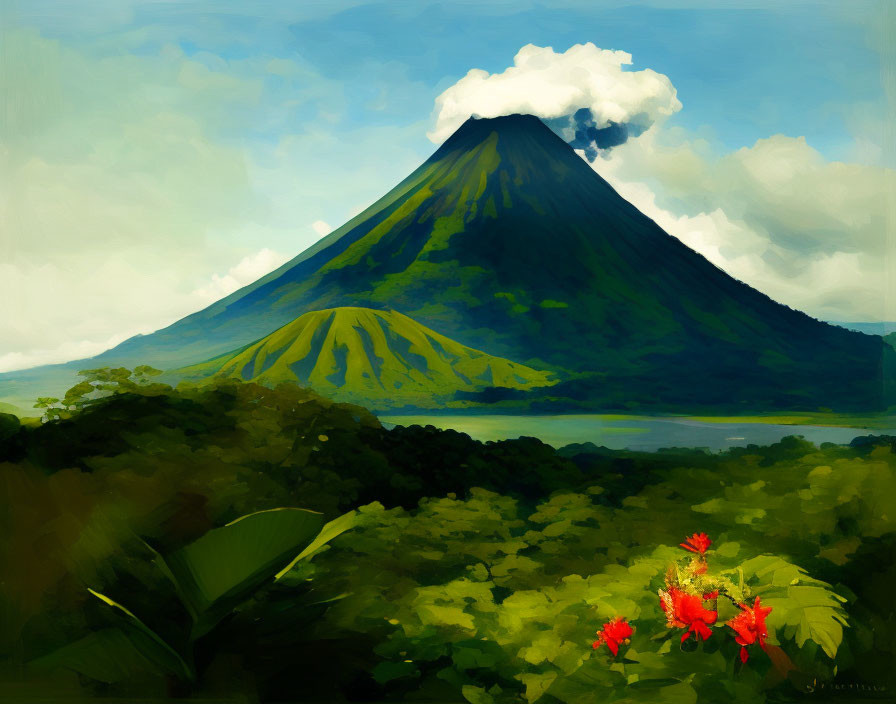 Colorful volcano landscape with lush greenery and red flowers