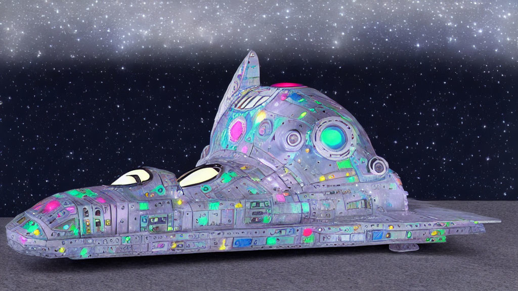 Cartoonish Spaceship with Eyes on Moon Surface and Starry Sky Background