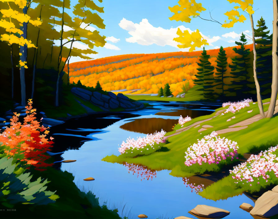 Colorful Autumn Landscape Painting: Serene River & Foliage
