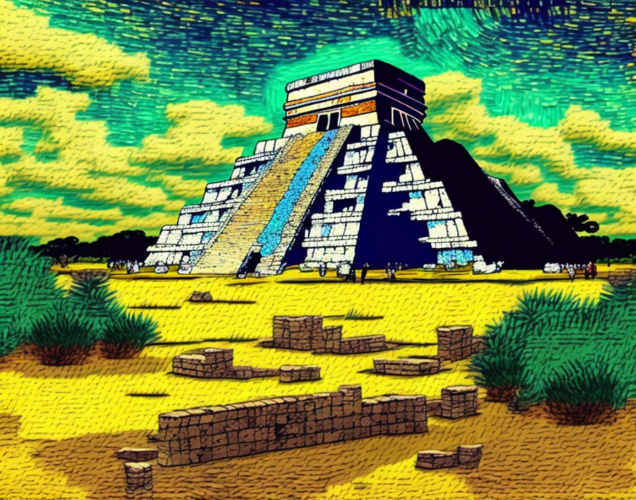 Colorful stylized Mayan pyramid at Chichen Itza with textured quality