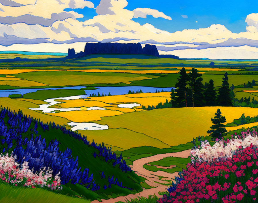 Colorful Landscape Painting with Fields, Path, Trees, Plateau, and Blue Sky