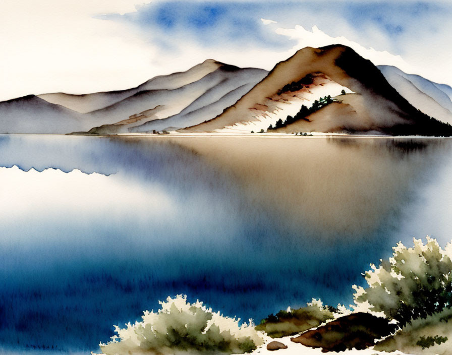 Tranquil watercolor landscape of a serene lake and mountains