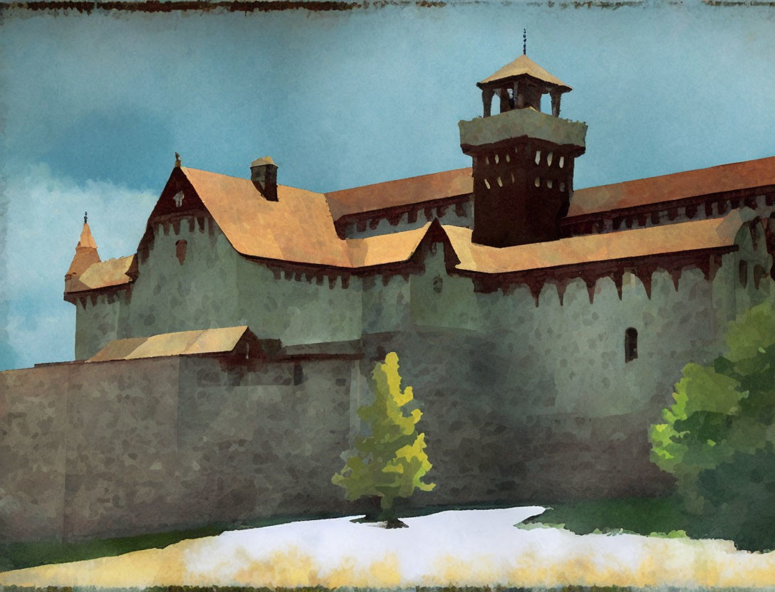 Medieval castle watercolor with tower, battlements, and tree