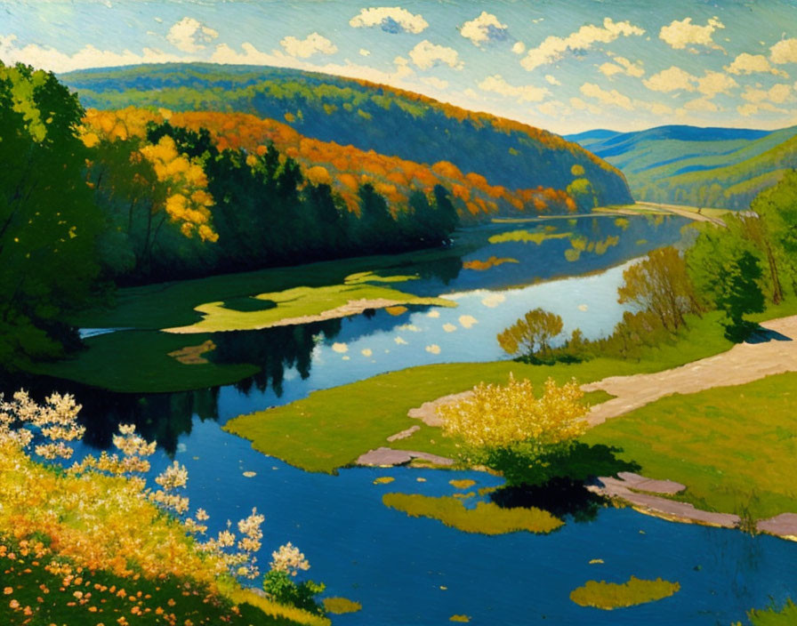 Colorful Autumn Landscape Painting with River and Trees