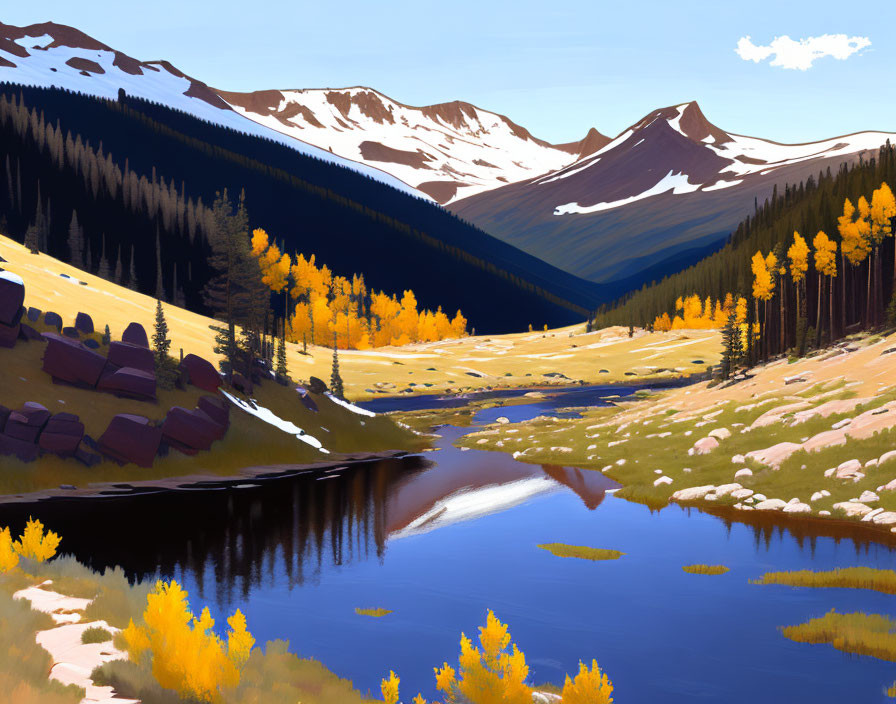 Autumn forest river scene with snow-capped mountains