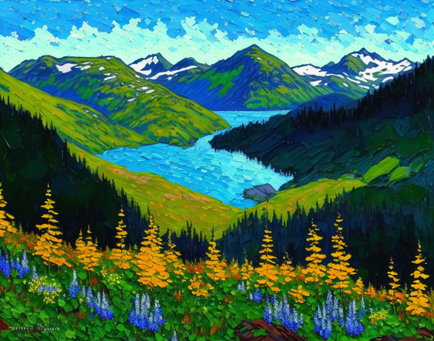 Mountain Landscape Painting with Blue Lake and Wildflowers