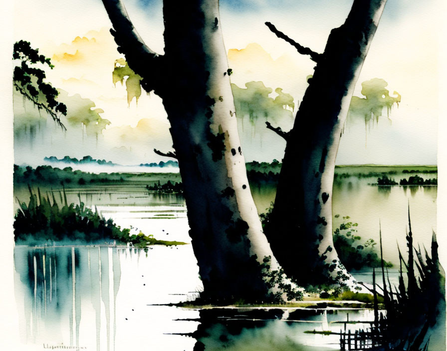 Serene lakeside watercolor painting with silhouetted trees