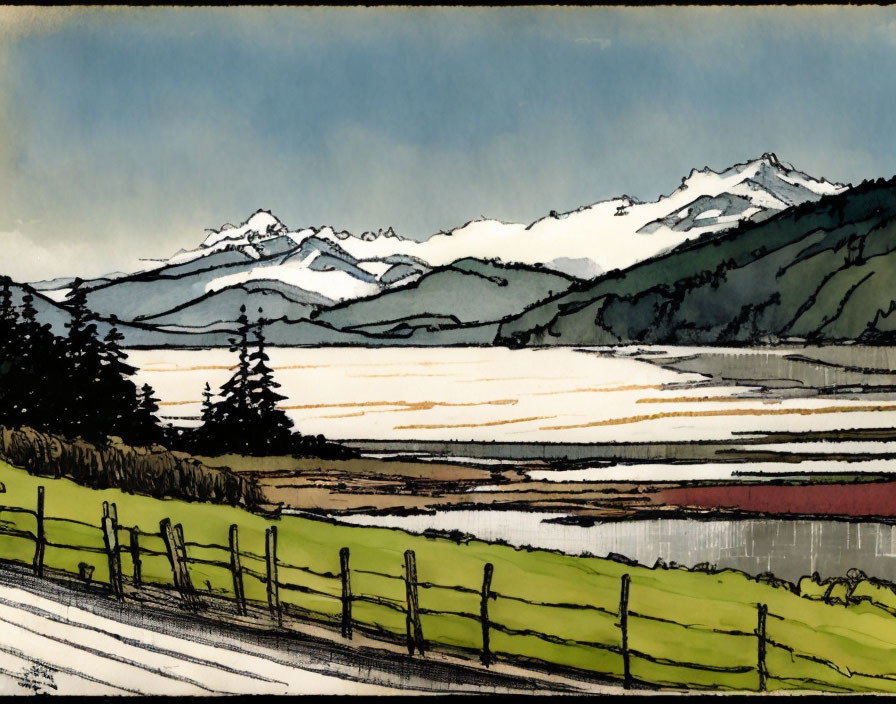 Tranquil landscape with fence-lined road, lake, hills, and mountains