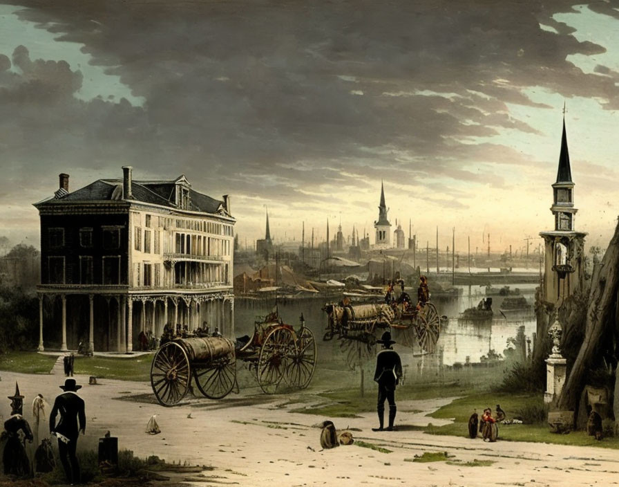 Vintage Painting: Riverside Scene with Horse-Drawn Wagons, People in Period Attire, and