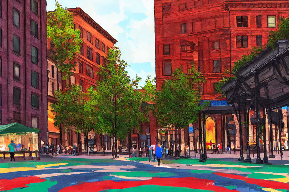 Colorful Cityscape Painting: Vibrant Streets and Red Buildings