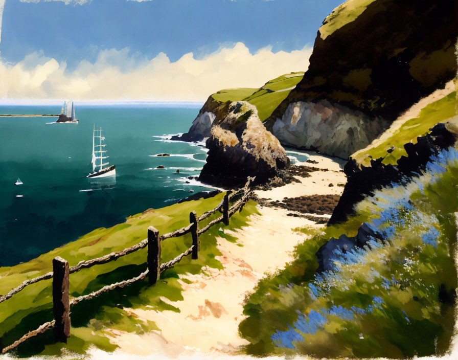 Scenic coastal landscape with path to beach, cliffs, sailboat, blue sea, clear sky