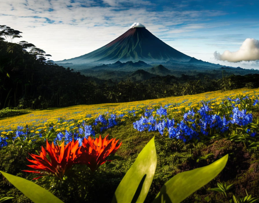 Majestic volcano in lush landscape with vibrant flowers