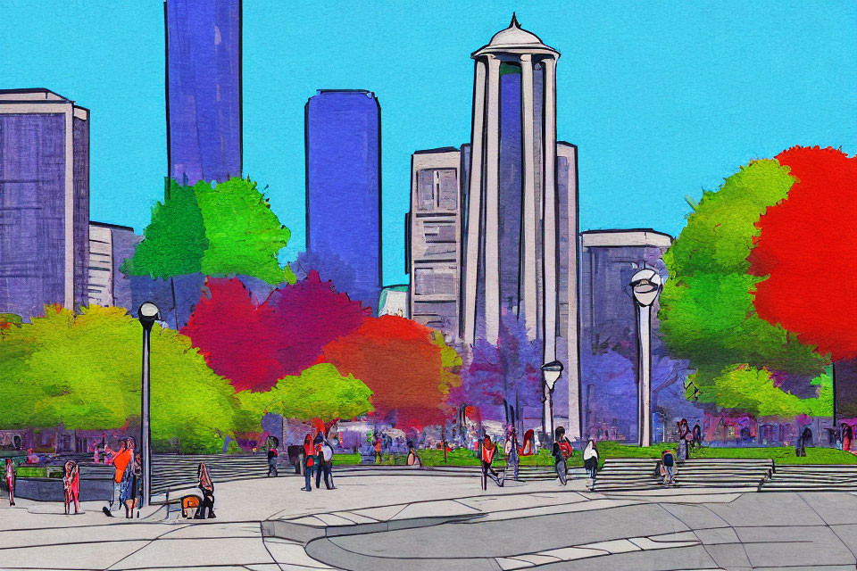 Colorful city park scene with pedestrians and skyscrapers under clear blue sky