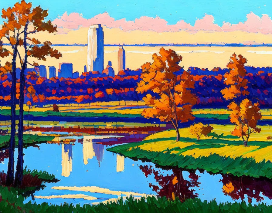 Vibrant Autumn Landscape with City Skyline Reflection